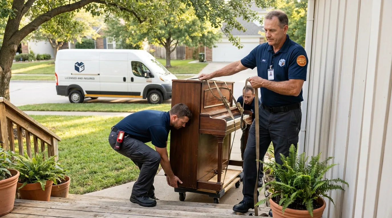 Licensed piano movers securing grand piano in Morgantown, WV