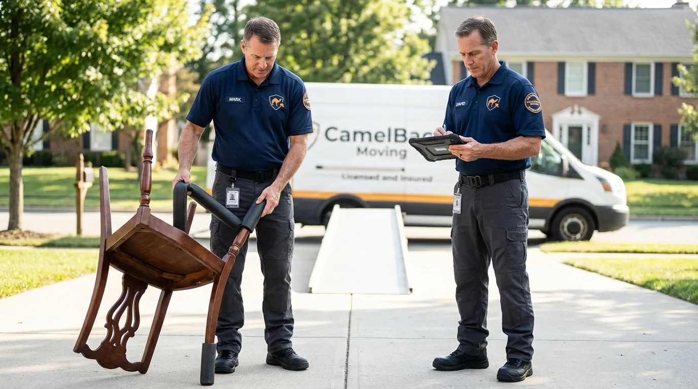 Movers inspecting furniture for damage prevention before loading in Morgantown, WV