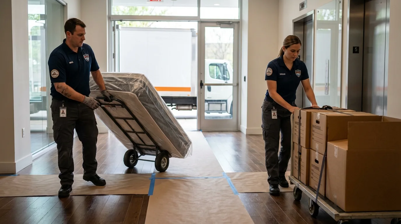 Professional apartment movers loading elevator in Morgantown, WV